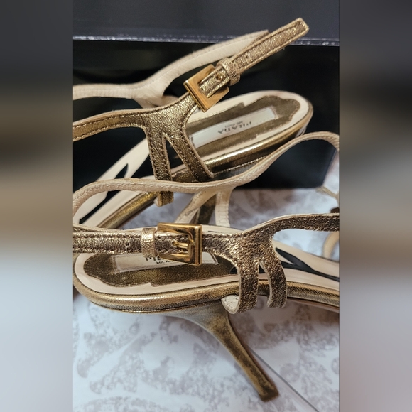 Prada tulip brushed metallic gold strappy heels size 8.5 - Picture 10 of 12
